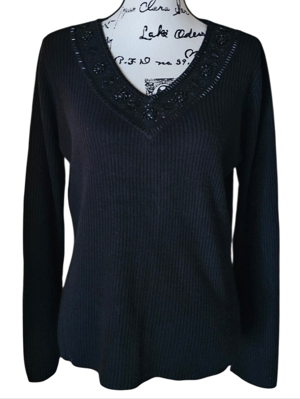 Requirements Black Ribbed V-Neck Sweater with Embellished Neckline